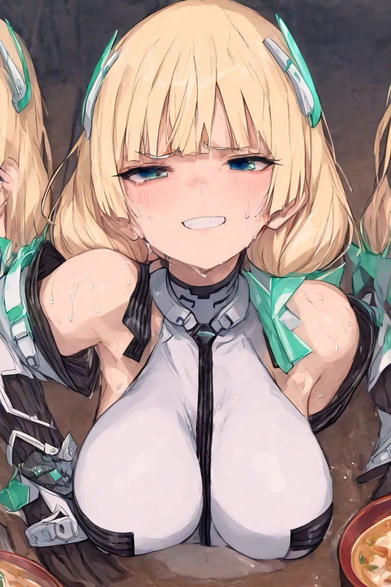 (( top quality )), ((masterpiece)), ( Details),  1girl ,  sexy,  Angela Balzac, diva suit,  long hair,  blue eyes,  leotard, blonde, twintails, Big Breasts,  long breasts, SWEATY BODY, Soup, tears, ( Expressions of disgust ,  squint ), watch viewers