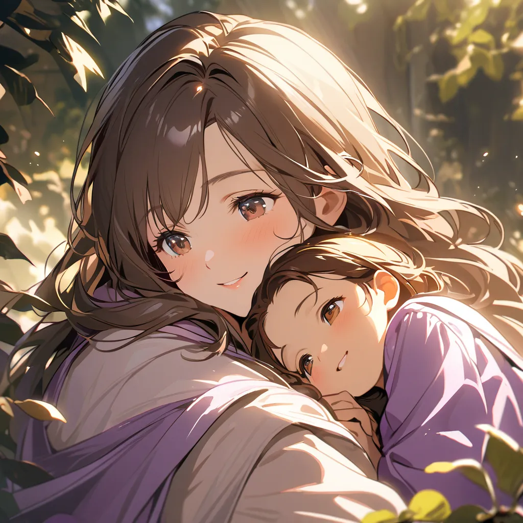 Brown-haired woman, adult, skinny,   long hair ,  brown eyes, smile, Roman clothing, purple tunic, no bangs ,Mother hugging her silver-haired twins