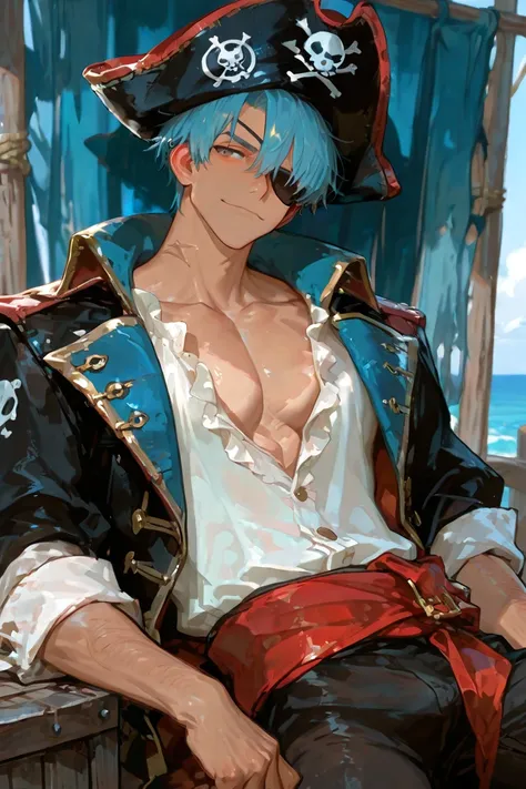 masterpiece, newest, absurdres, safe Solo, high detailed, male, handsome masculine male, Sexy male. Masculine male. Handsome Male, sexy male, Seductive, Pirate hat, tanned skin, twink, slim, beautiful pirate, white shirt, exposed cleavage, red sash, black ...