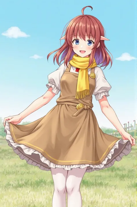 masterpiece, The best quality, 1 girl, Alone ,  mal0n, Brown hair,  long hair, Pointy Ears, blue eyes, yellow scarf, Golden brooch,  white shirt, short sleeves,  knee-length skirt ,  address,  brown apron , upper body, looking at the spectator,  smile, far...