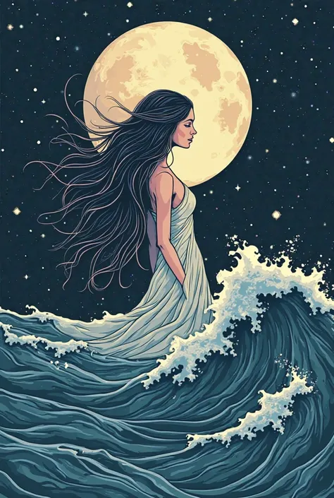 Tarot card illustration in a classic yet modern vector style, depicting a mystical woman emerging from the vast ocean, surrounded by the phases of the moon. Her flowing hair merges with the waves, symbolizing deep emotions, intuition, and the ever-changing...