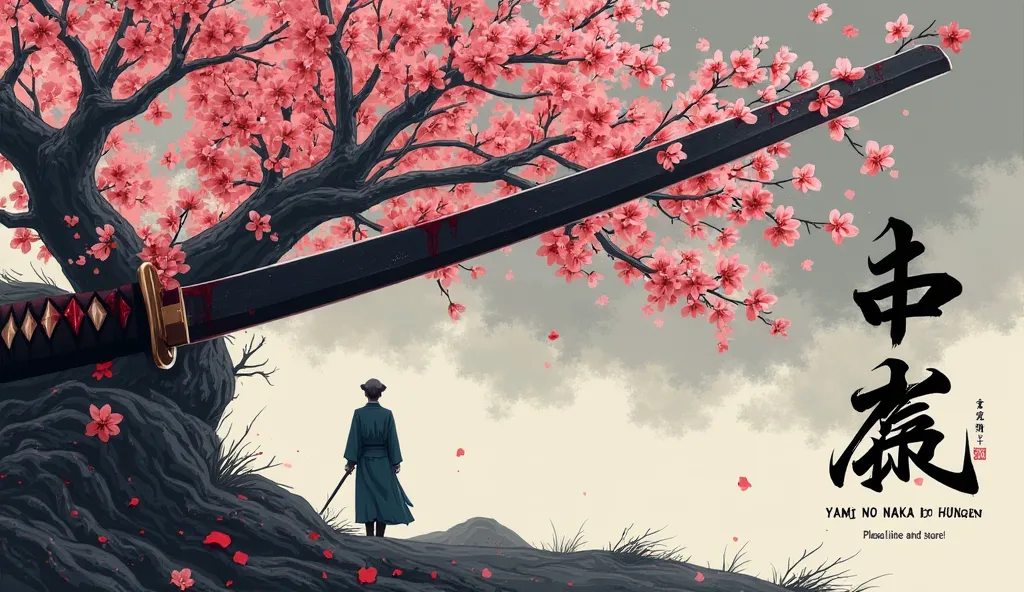 A stylized illustration of a cherry blossom branch with a katana resting against it, blood subtly staining the petals. In the background, a faint silhouette of a yakuza in a kimono stands under a stormy sky. Text overlay in elegant Japanese calligraphy: '闇...