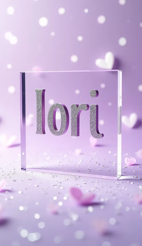 A transparent sign with “Iori” written in a smaller font. The sign is shining and beautiful, with a great design. The background has a dot pattern with glittering details, hearts, and a pastel white color scheme. The overall background is light purple.