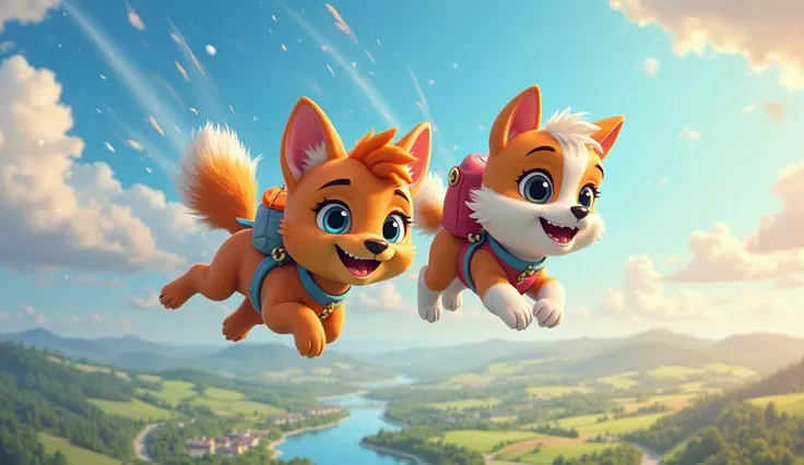 Whiskers and Pup, now known as Sky Whiskers and Soar Pup, are flying together through a vibrant sky, ready for their next adventure. They are side by side, with Whiskers’ tail streaming behind her and Pup’s paws flapping in the wind. Below them, a beautifu...