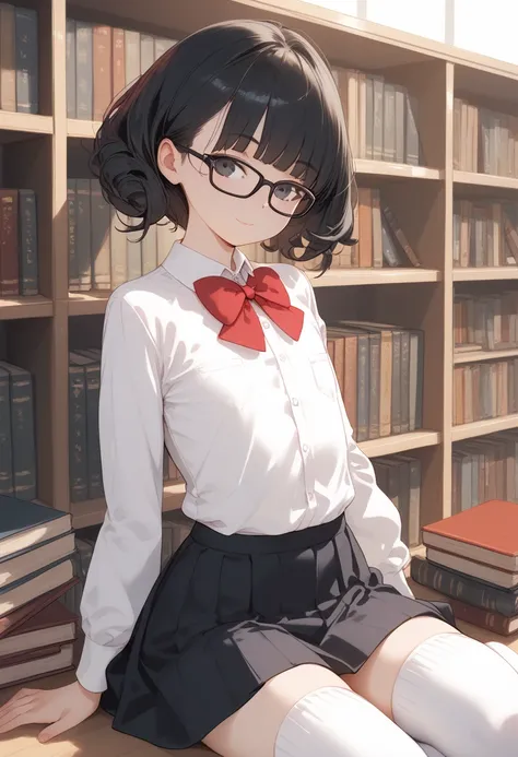 Female, woman, thin female, thin woman, white bottom shirt, black skirt, flat chest, flat chest female, black hair, black eyes, library, glasses, black glasses, nerd girl, red bow, young, sahs, tall white socks, 25 year old, 