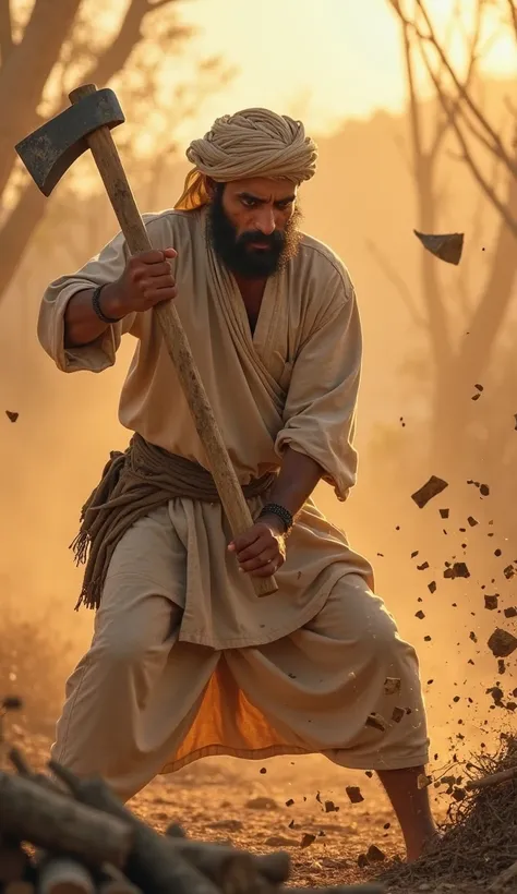 The once-poor arab young man, now dressed in slightly better clothes, wields a simple axe while chopping wood in a dry, desert-like forest. His face shows determination and gratitude. The sun casts a warm glow on the scene, emphasizing the hardworking spir...