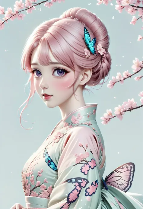 (((over the age of 25)))、beautiful and very elaborate 、butterflydress、 Porcelain Skin 、PASTEL COLOR、 upper body、 no background、Background white、 long hair、Cherry Blossoms、corolla、(pink hair)、(Chignon's hair)、