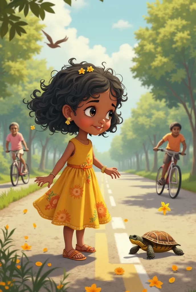 A little Indian girl with short curly black hair, big brown eyes, and warm brown skin wears a yellow dress with a floral pattern. She sees a tiny turtle trying to cross the road, but a bicycle is about to hit it! She presses her magical golden watch, and t...