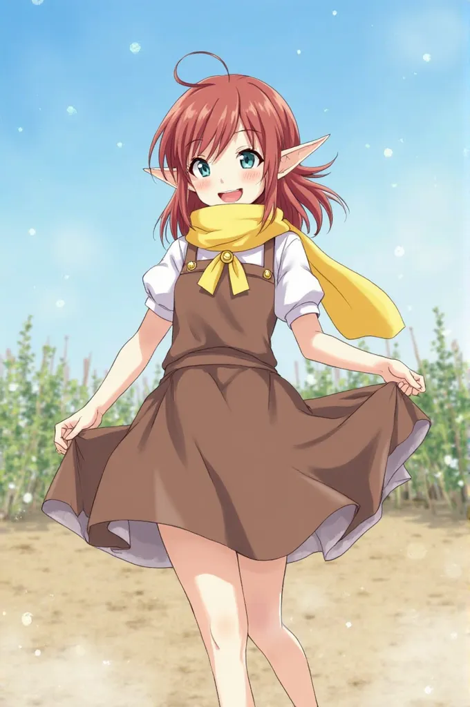 masterpiece, The best quality, 1 girl, Alone ,  mal0n, Brown hair,  long hair, Pointy Ears, blue eyes, yellow scarf, Golden brooch,  white shirt, short sleeves,  knee-length skirt ,  address,  brown apron , upper body, mirando al espectador,  smile, farm, ...