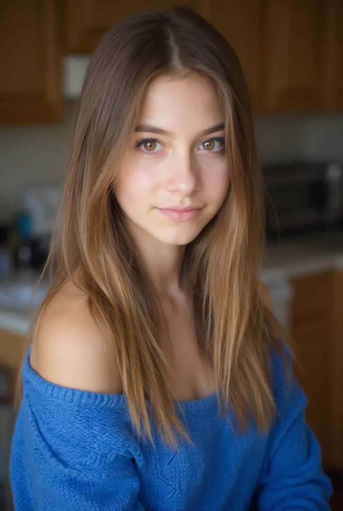 Photographic portrait of a girl,  18 years old, Long wavy blonde hair, parts, blue sweater, small breasts,  exposed shoulders,  kitchen background , pose,Laura B