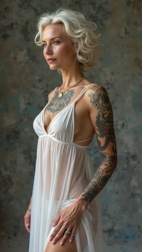 Old woman who managed to implant her head on the body of a beautiful young woman in a transparent white dress glued sexy short silicone breasts all tattooed body raining a lot 