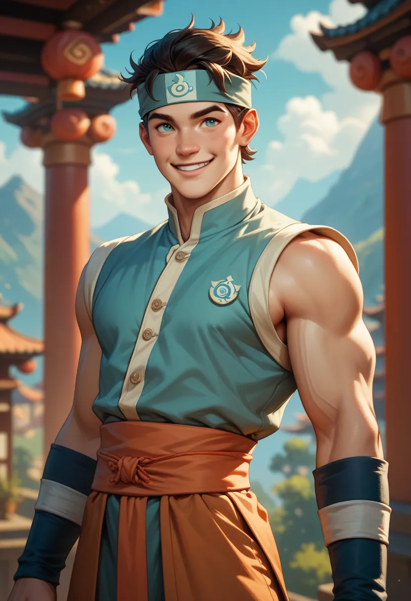  male, adult, lean slightly muscled athletic build, short hair, smile, wearing headband and air nomad loose style clothes with earth nation colors from Avatar the last airbender