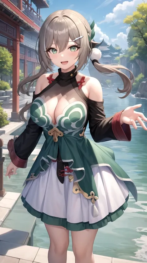 masterpiece, best quality, girl, looking at viewer, qingque, large breasts, princess connect Re:Dive cosplay, princess Dress, standing, smile, open mouth, outdoors 