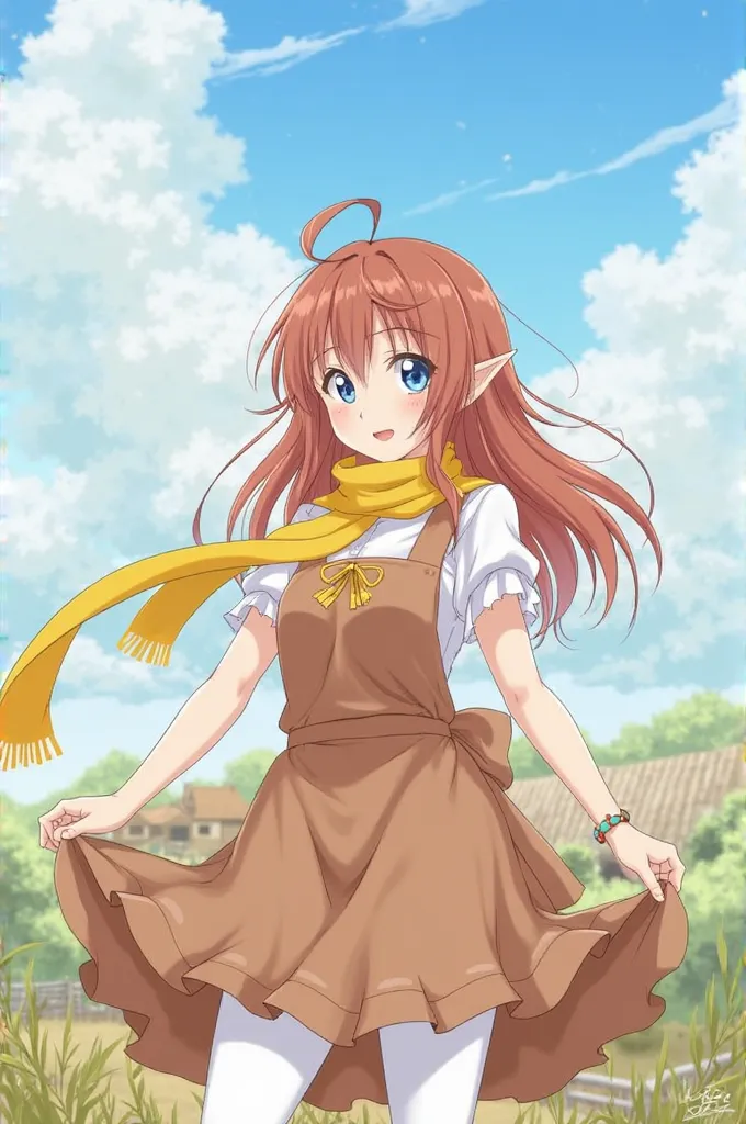 masterpiece, The best quality, 1 girl, Alone ,  mal0n, Brown hair,  long hair, Pointy Ears, blue eyes, yellow scarf, Golden brooch,  white shirt, short sleeves,  knee-length skirt ,  address,  brown apron , upper body, mirando al espectador,  smile, farm, ...