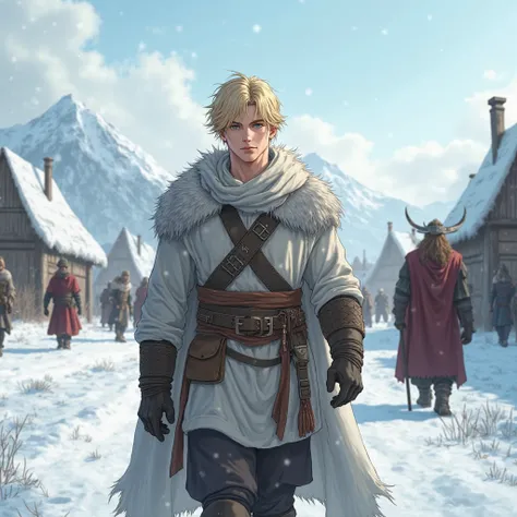 Create a full-body image of a Viking boy in anime and manga style, with a 30-year-old appearance with slightly messy blond hair and heavenly eyes like the sea and sky and white skin and with a height of 190 cm and who is ultra mega-super exaggeratedly hand...