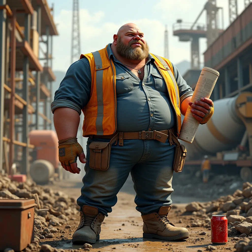 Generate an ultra-detailed, photorealistic image of a construction worker with a body weight of 100 kg, emphasizing his large, heavyset physique. He has a completely bald head with faint stubble, a short, messy blond beard, and a rugged face with deep wrin...