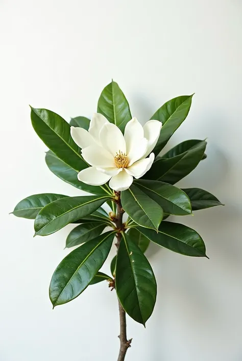 Realistic photo, highest detail, single background colour, white background, best lighting of main object, a bush of beautiful magnolia plants with leaves, aesthetic photo, Instagramable photography, centered objects