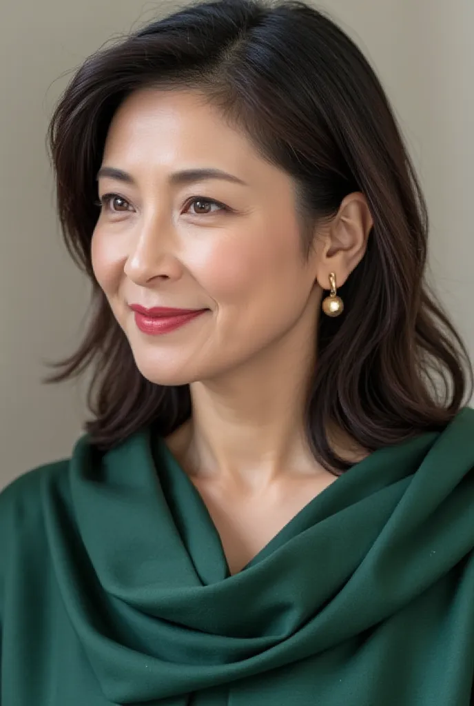 A close-up portrait of a stunning and curvy middle-aged Japanese woman, 48 years old, with soft, elegant medium-length waves, inspired by Meryl Streep. Her hair has natural movement and a subtle side part, adding timeless beauty. Her makeup features a luxu...