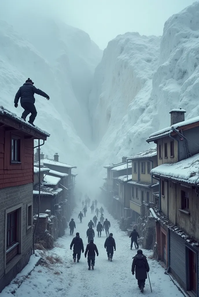 A desperate attempt to escape: people climbing onto rooftops and trying to flee in any direction, some reaching for each other, as the monstrous avalanche gets closer, seconds away from consuming everything.