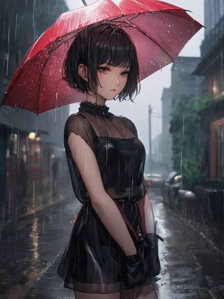 Fair-skinned woman　Wet in the Rain　 blouse is transparent　 black underwear　Red Umbrella　Black Tight Miniskirt　Elegant Short Hair Big Breasts,  blushes, Anxious, glitter effect to mask, 