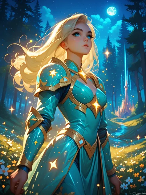 Woman Dressed in Heavy Armor with Patterns, ideal figure, Beautiful Hair the Color of the Azure Sky Sparkles Like Star Dust, in armor, Game of Shadows, Forest Lights Background, magic, sparkles, shines, long chic hair, Very Warm Atmosphere, Night, moon, ma...