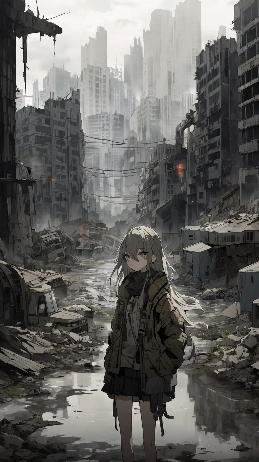  Beautiful Streetscapes，There's a puddle in the middle, in a post Doomsday City, 屋外の荒廃した街並み,  Destroyed Cities in background, post - Doomsday City, Dystopian Wasteland, Ruined cityscape , in a ruined urban landscape,  Destroyed Cities, post - Doomsday City...