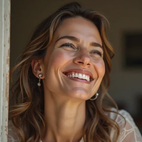 1 Beautiful Woman Wearing Hearing Aids and Laughing