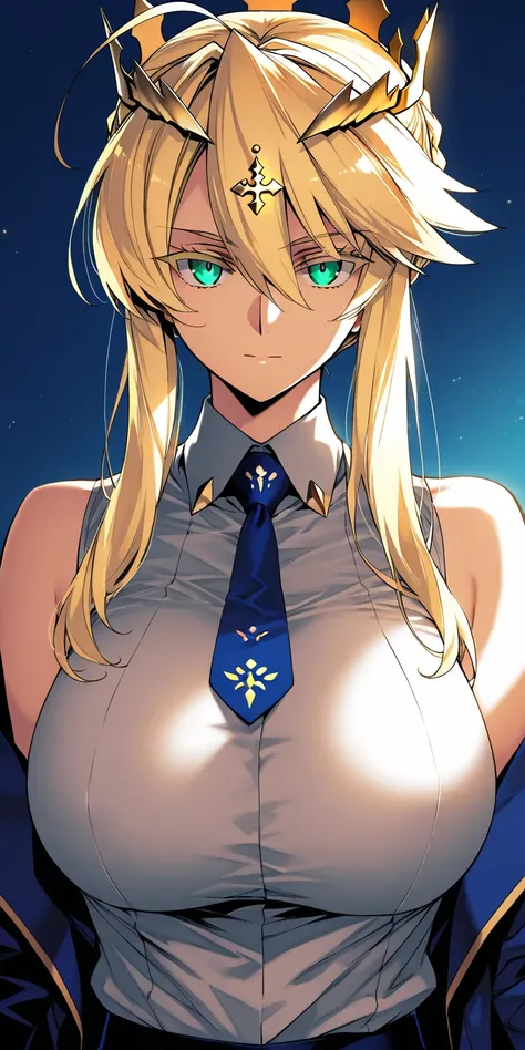 Masterpiece, very aesthetic, vibrant, high contrast, mature woman, artoria pendragon (lancer) (fate), upper body, sleeveless collared shirt, tie, side boobs, jacket, soft light, ishida akira art style