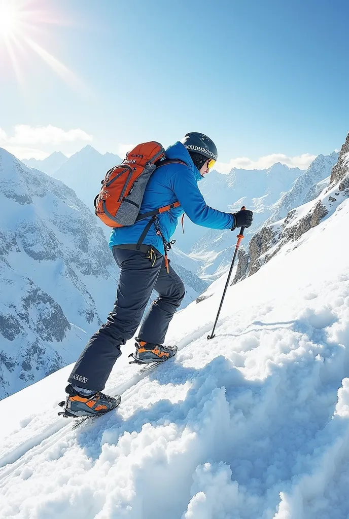 Draw a picture of a person climbing Haba Snow Mountain，The angle of view is 70 degrees forward， slightly look up 。Above 5000 meters above sea level，Wear the Pathfinder Courage Blue Jacket、Trailblazer six-door softshell underpants