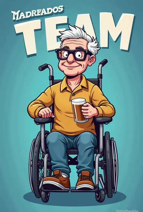 An animated cartoon of an old man with a modern hairstyle wearing dark glasses sitting in a wheelchair with crutches in his arms and drinking a beer in shades of blue with large letters saying Madreados Team