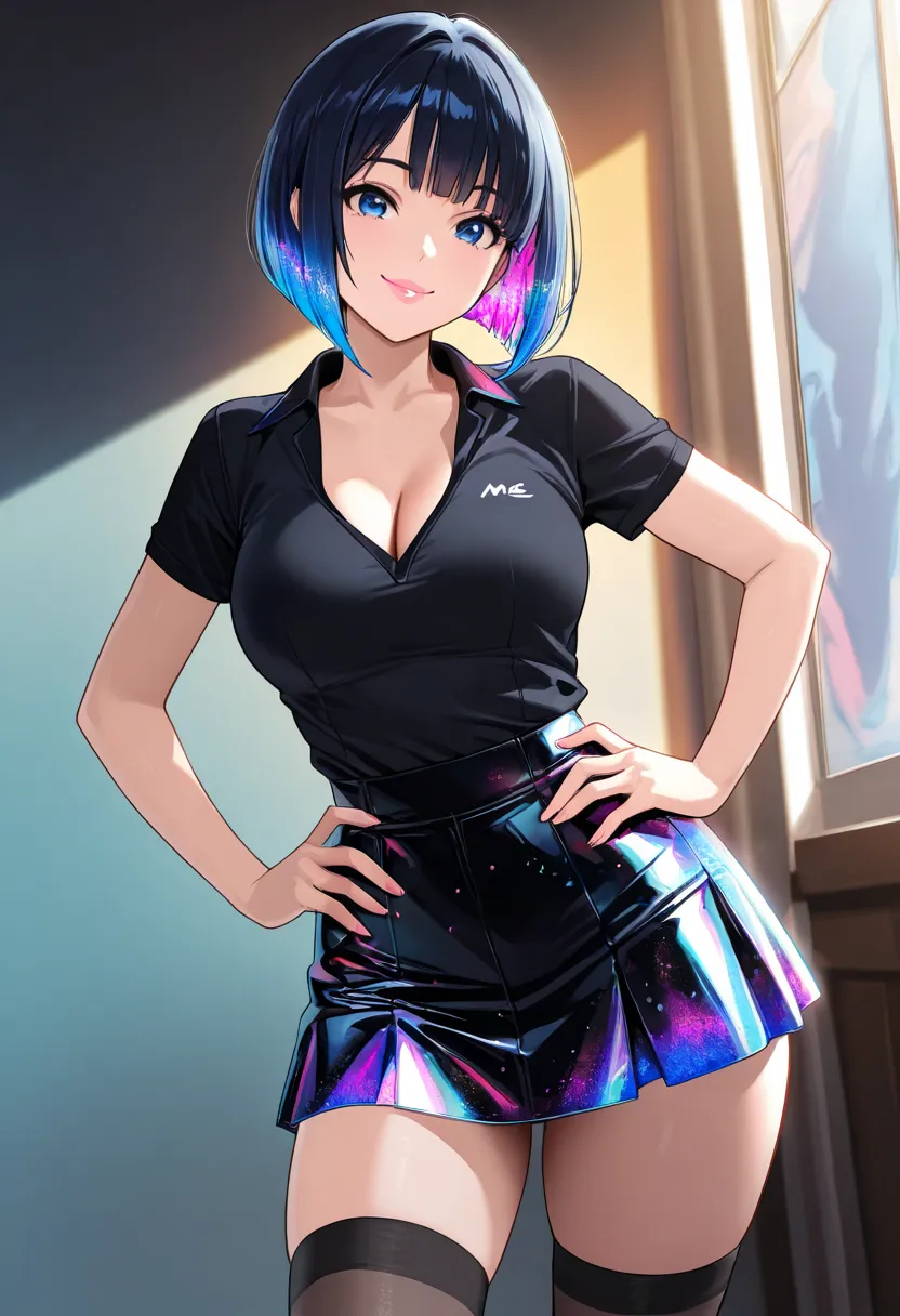 close-up of a pretty woman, hands on her hips making signs with her fingers, highly detailed, sharp focus, vivid colors, soft lighting, cinematic composition, glossy silky flowing high layered bob cut hair, smiling mischievously, lewd expression, seduction...