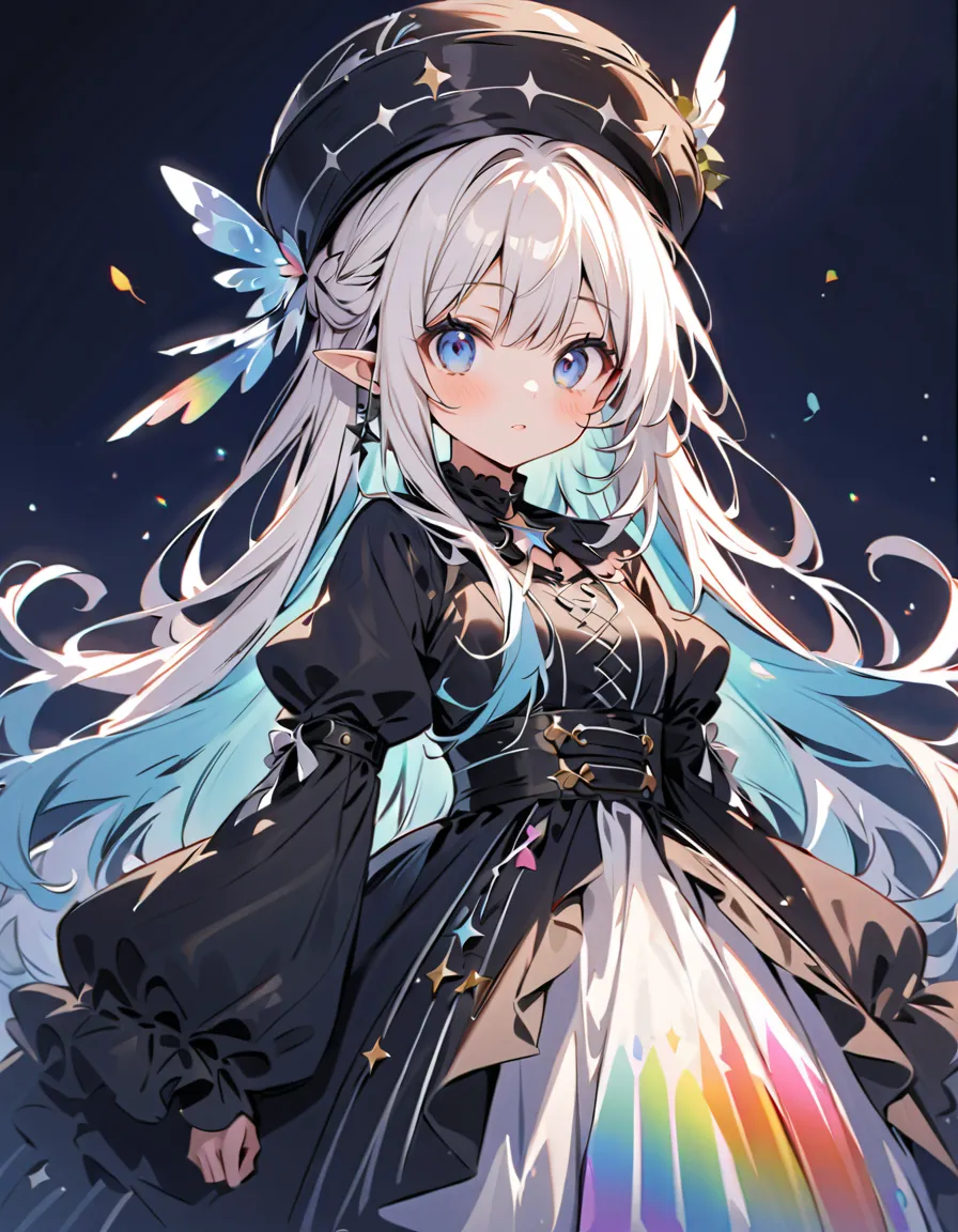  best details、  1 girl，，Blink，    Best quality   ， milky white and blue gradation hair color、Wear a colorful and cute gothic kimono costume   ,  Star Fairy ,Wear a colorful and cute gothic kimono costume    with little fairy feathers growing from above you...