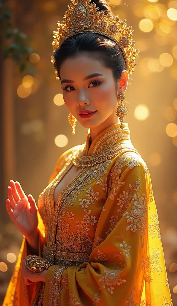 An enchanting depiction of Nang Kwak, the Thai goddess of prosperity, dressed in a splendid traditional Thai costume, heavily adorned with golden embroidery and intricate details. Her posture is poised and graceful, with her hand elegantly turned palm down...