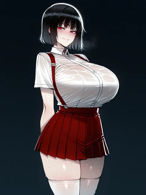 ((ratatatat74)), ((1 girl)), (solo), ((small height)), black hair, short hair, straight bangs, red eyes, smile, (white school shirt), white Highsocks, red Suspender skirt, short pleated skirt, miniskirt, ((huge breasts)), sexy body, good quality, (masterpi...