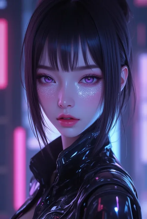 80’s glam rock makeup on shiny android face, anime, 2.5D, Glittery face, moody lighting, (purples, pinks, and blues), iridescent face, abstract ai model, pretty, sexy, minimal, sleek, slender, asian, elegant, chic, futuristic, retro, sophisticated half hum...