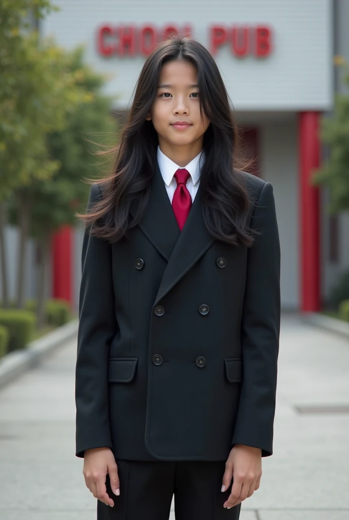 Live Action Tall Asian Tween Boy With Long Flowing Shoulder-Length Black Hair, Wearing a VERY Long Sleeved Black Double Breasted Suit over a White Dress shirt And Red tie, With Black Dress pants, in Front of a School standing With both hands to his sides