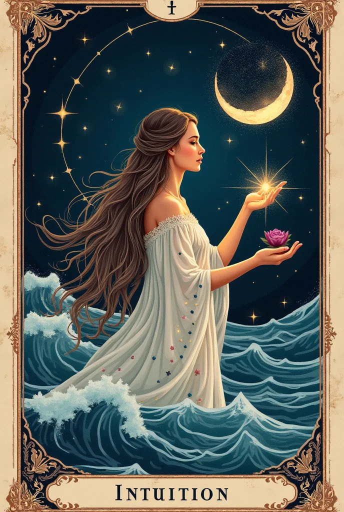  Tarot card illustration in a vintage, textured, and hand-painted style, inspired by traditional mystical aesthetics. The artwork features a serene woman deeply connected to the ocean, with her flowing hair merging into the waves, symbolizing intuition and...