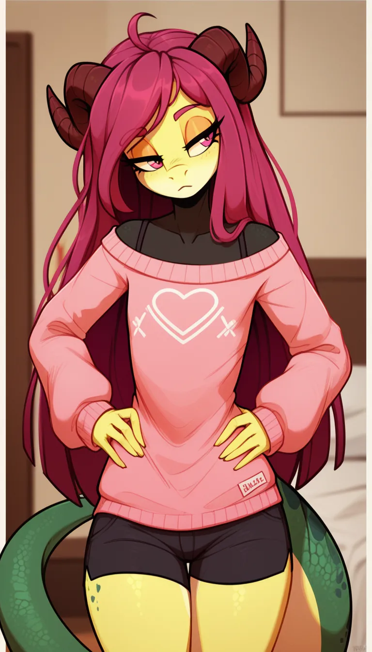 anthro, long hair horns , шерстьry, lizard tail ,  Anthropomorphic ram ,  light skin  ,  magenta hair,  light skin , long , pink eyes , long hair,  black shirt,, flat chest thick hips, (bedroom),  pink sweater,  black shorts ,  half-closed eyes,  bent ,  h...