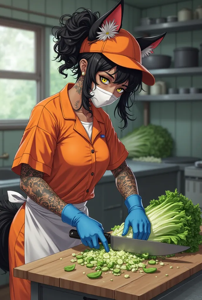 adult female prisoner, black curly bun hair, black fox ear, black fox tail, no human ears, scar on her face, yellow eyes, orange prisoner jumpsuit, orange trousers, white mask, orange baseball cap, blue rubber gloves, full tattoo on her arms, muscle, dark ...