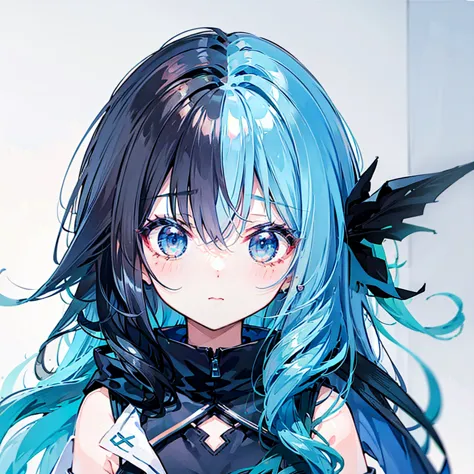 Light blue and dark blue half color hair、Black simple background 、 chibi、cute、