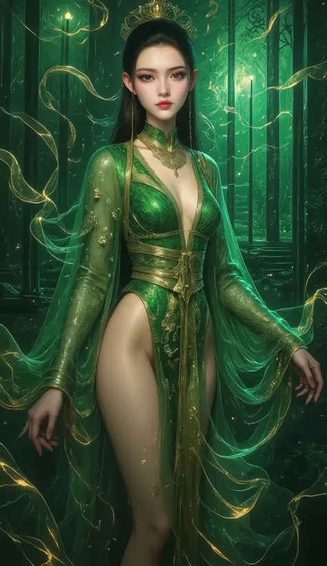 A provocative painting portraying a sultry lady from hell in a captivating green-themed scene, embodying the allure and power of Hela in an epic split-screen composition that heightens the theatricality and mystique of her character. The green color scheme...
