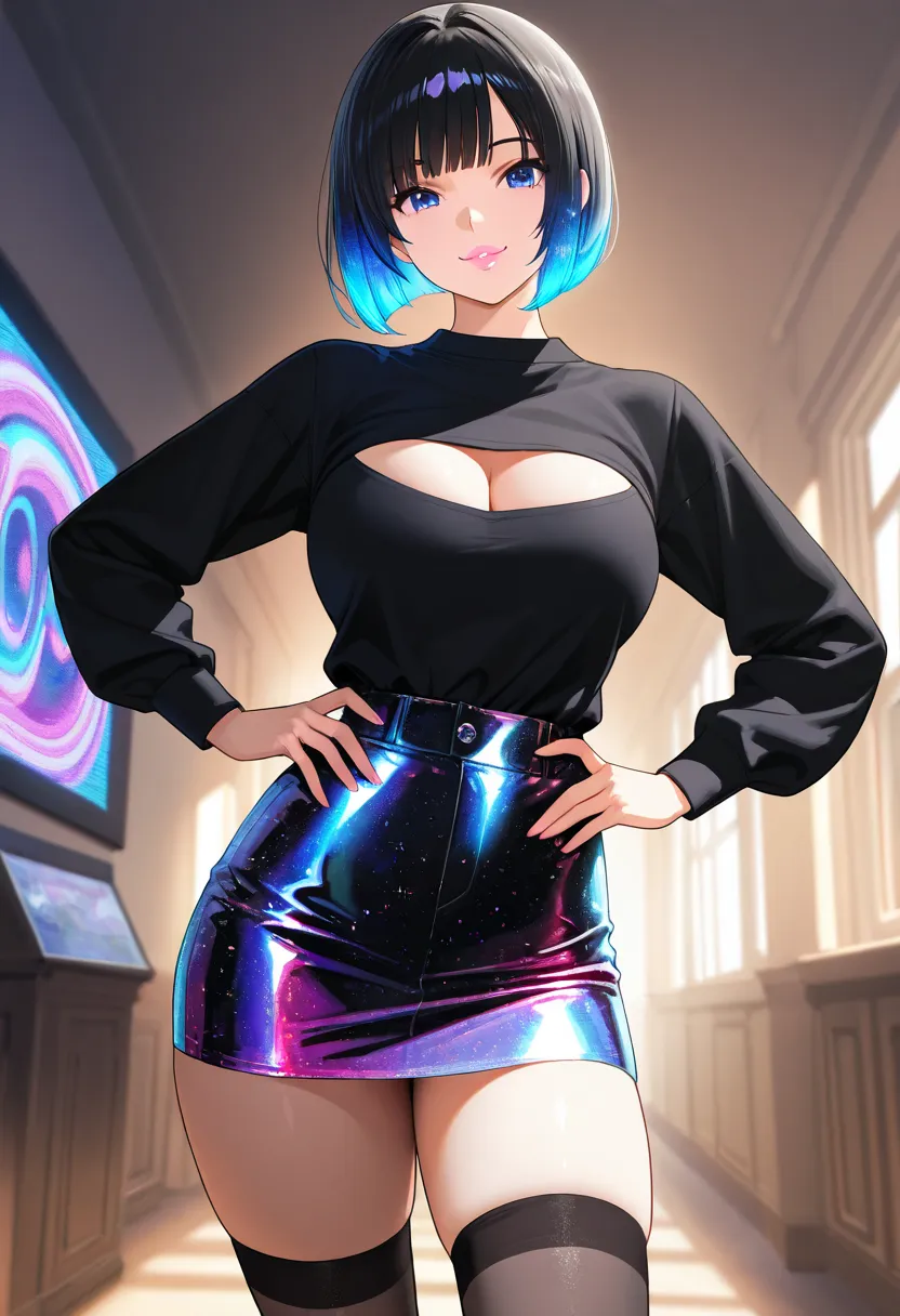 close-up of a pretty woman, hands on her hips making signs with her fingers, highly detailed, sharp focus, vivid colors, soft lighting, cinematic composition, glossy silky flowing high layered bob cut hair, smiling mischievously, lewd expression, seduction...