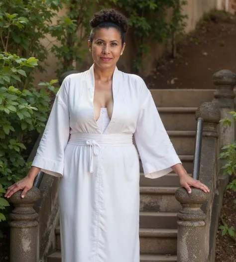 A mature chubby Sri Lankan woman in her 60s with curly hair swept up in an elegant bun, wearing a white front opened big breasts flashing and revealing slipped from her shoulder exposed body kimono with. She stands at the base of a rustic stone staircase, ...