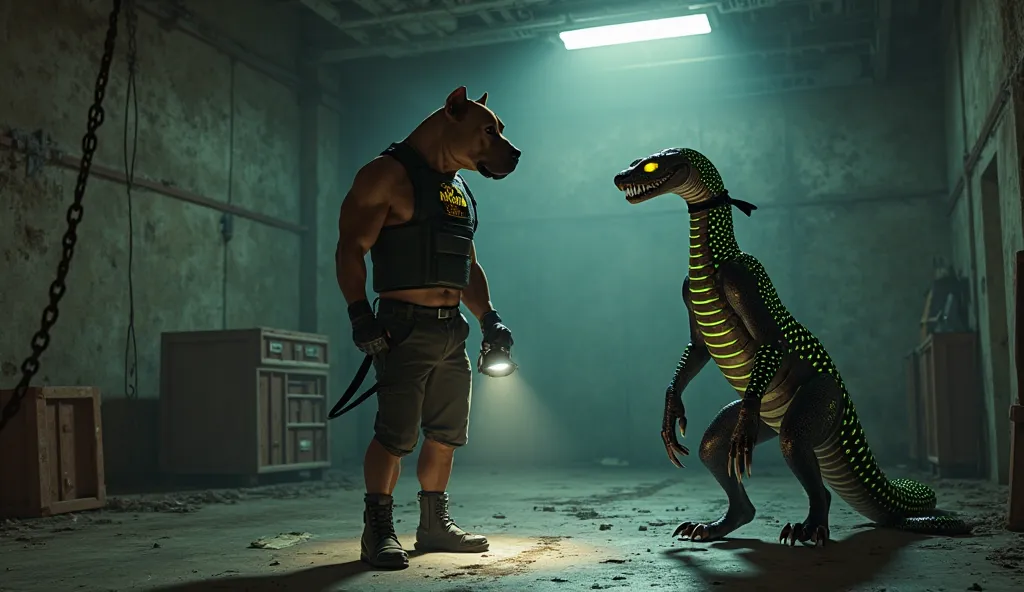 "Create a highly detailed cinematic scene of an anthropomorphic Pitbull named Maximus confronting an anthropomorphic Cobra named Viper in a dark, abandoned warehouse. Maximus stands tall and confident in the center of the room, wearing his sleek black tact...