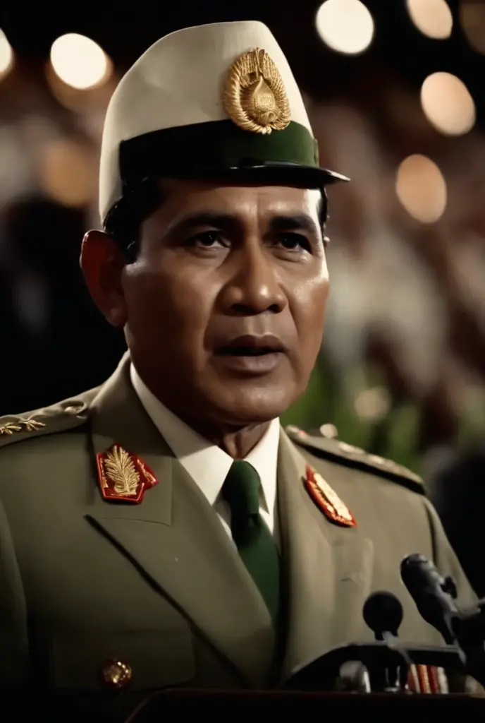 A dramatic scene set in Indonesia in 1965, depicting the tense political atmosphere following the G30S/PKI incident. In the center stands Suharto, wearing a dark green military uniform, his face stern and authoritative, surrounded by armed soldiers. The ba...