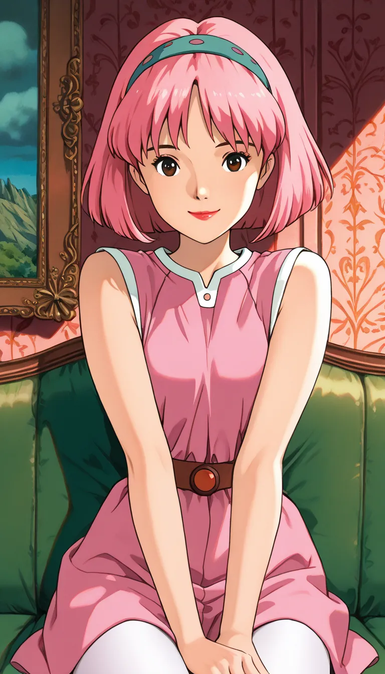 (Stephanie, 1girl), (extremely detailed CG unit 8k wallpaper),(master part), (best quality), (ultra detail), (best illustration),(ghibli_style), cowboy shot, close up, sitting, in couch, facing viewer, looking at viewer, perfect face, perfect eyes, perfect...