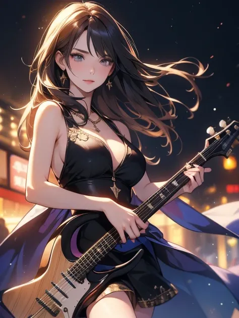 最high quality,  super fine, 16k, very detailed, 2.5D, delicate and dynamic, beautiful woman playing electric guitar, cool star shaped gold body guitar,最high quality, masterpiece. (Cinematic Digital Art: 1.3), high quality, masterpiece, 最high qualityの, Supe...