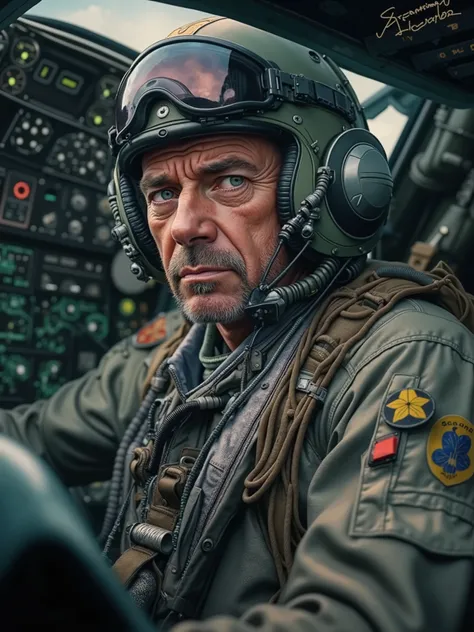 A cinematic photorealistic color digital painting of the French Air Force Fighting Pilot Lieutenant Laverdure on the jet fighter plane cockpit, insanely detailed and intricate, crisp sharp and clear, volumetric lighting, ultra-high resolution, masterpiece ...