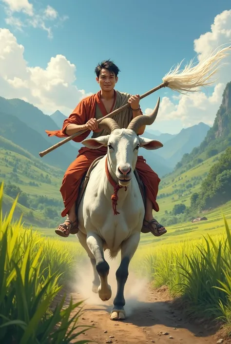 A man riding a fat goat runs and holds a drafting stick.​Thailand​ outdoor​ country​ ​side​ rice​ ​field.​Realistic​ intricate​ details​ ​image.