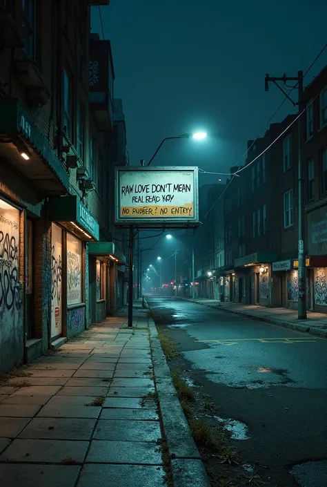 "A desolate city street in the dead of night, with empty, graffiti-covered buildings surrounding a lonely billboard. The message on the billboard reads: ' Raw love don’t mean real love. No rubber? No entry. Simple.' The urban landscape feels abandoned, wit...